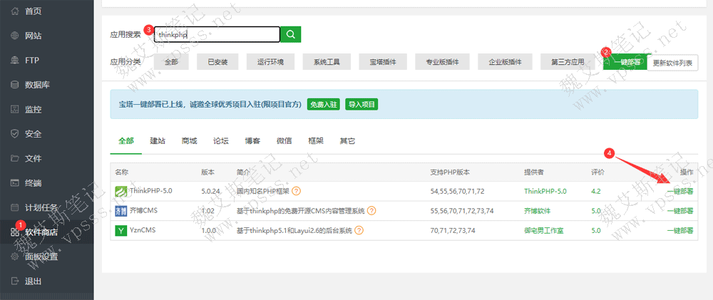 宝塔面板一键部署ThinkPHP