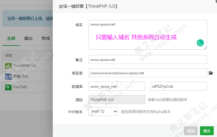 在宝塔面板弹窗中输入域名,其他内容由系统自动生成