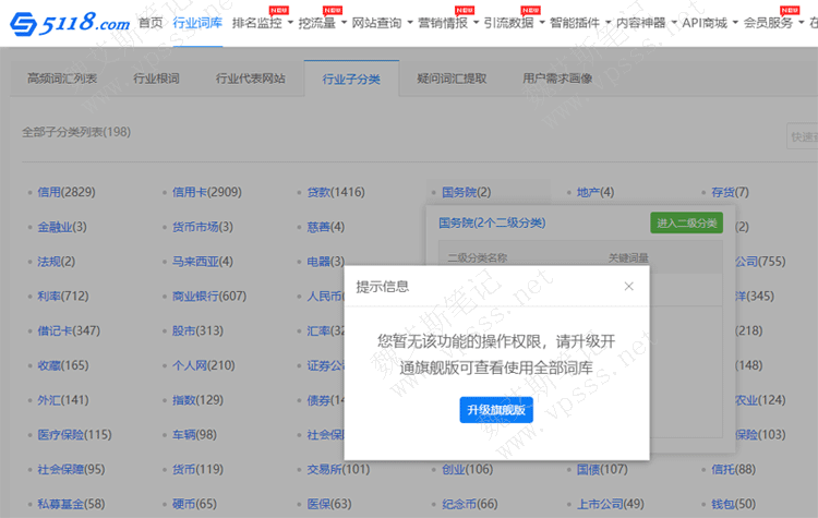 新增 5118行业词库权限提示