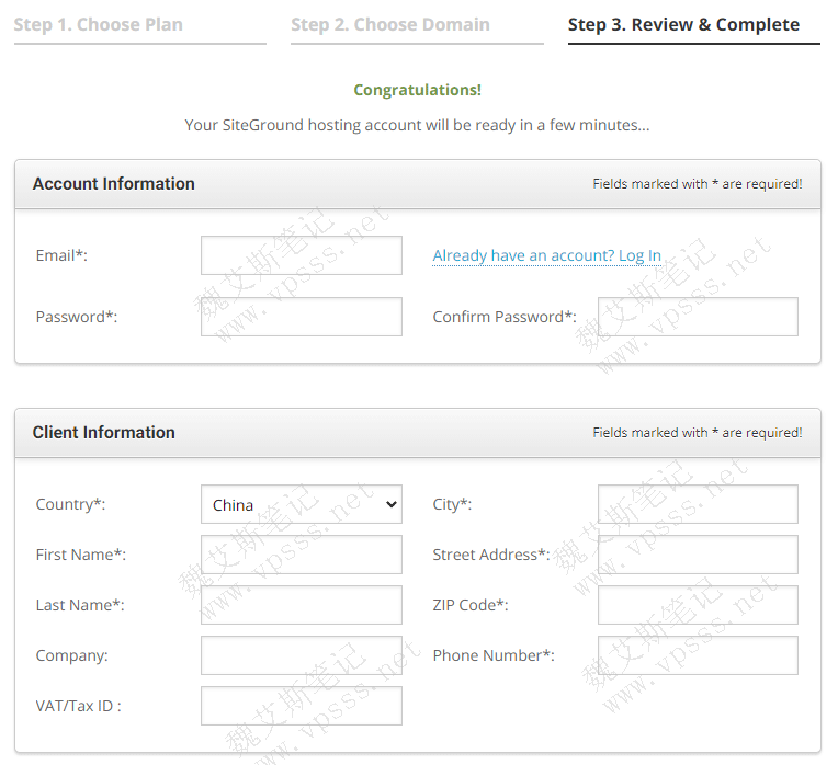 进入 Siteground账户信息添加页面，添加注册邮箱、密码、地址、姓名、邮编等